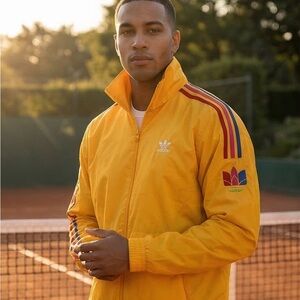 adidas Yellow Windbreaker with Red & Blue Stripe Accents
